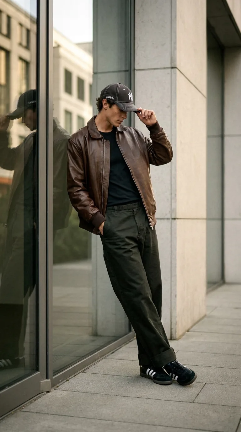 Man wearing Buneri brown leather jacket