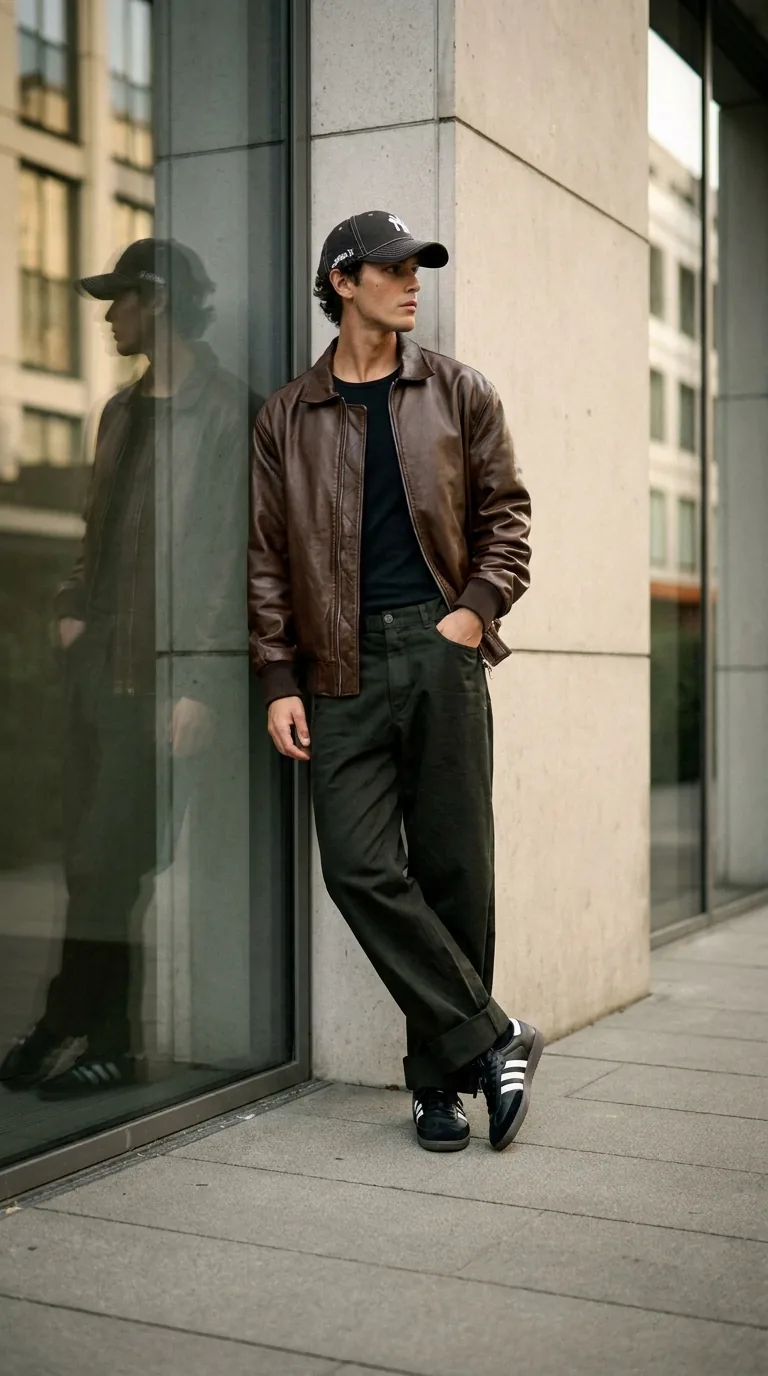 Man wearing Buneri brown leather jacket