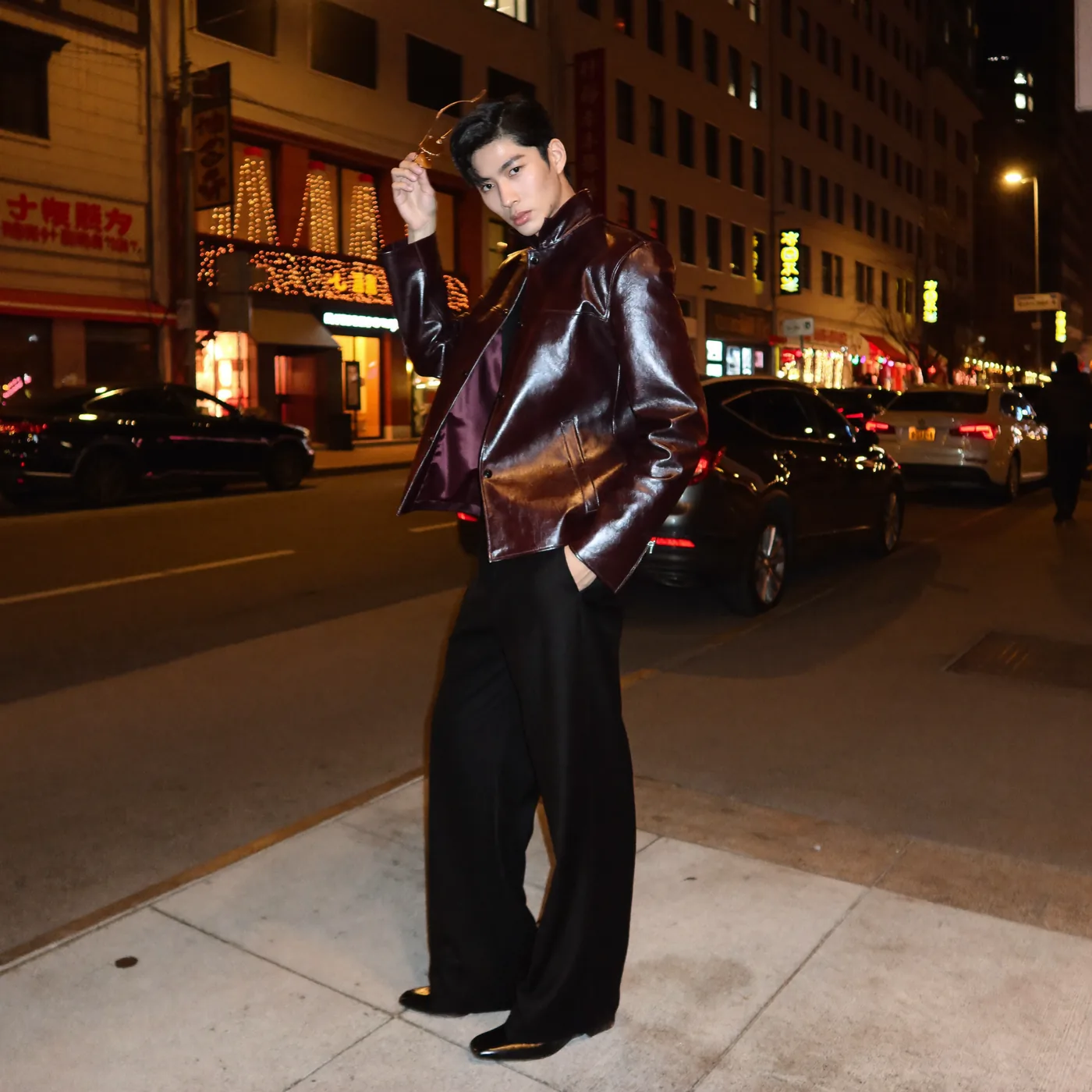 Man wearing Buneri burgundy leather jacket
