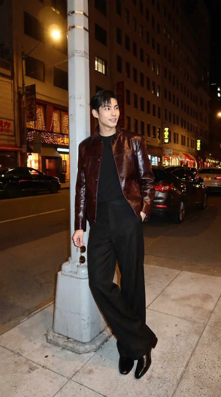 Man wearing Buneri burgundy leather jacket