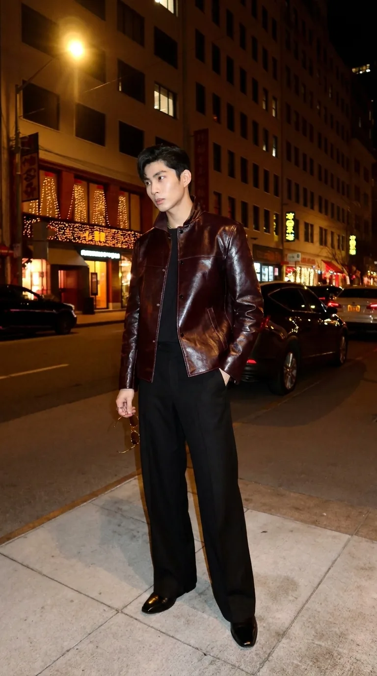 Man wearing Buneri burgundy leather jacket