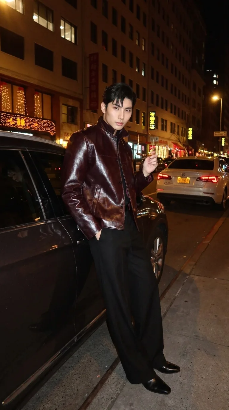 Man wearing Buneri burgundy leather jacket