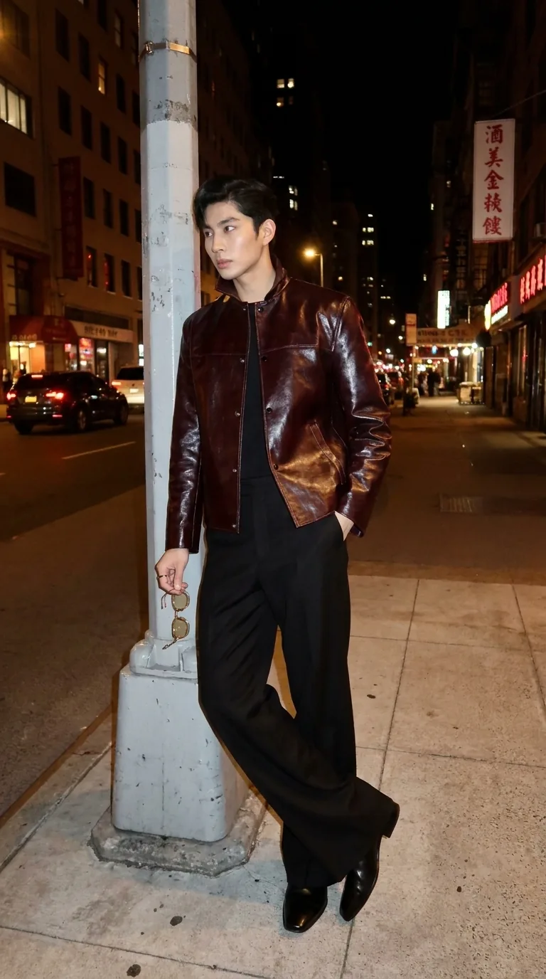 Man wearing Buneri burgundy leather jacket