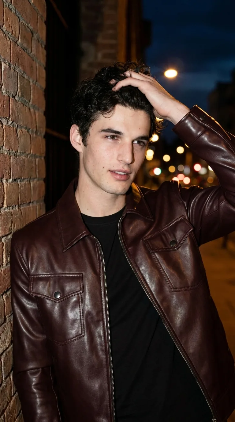 Man wearing Buneri burgundy leather jacket