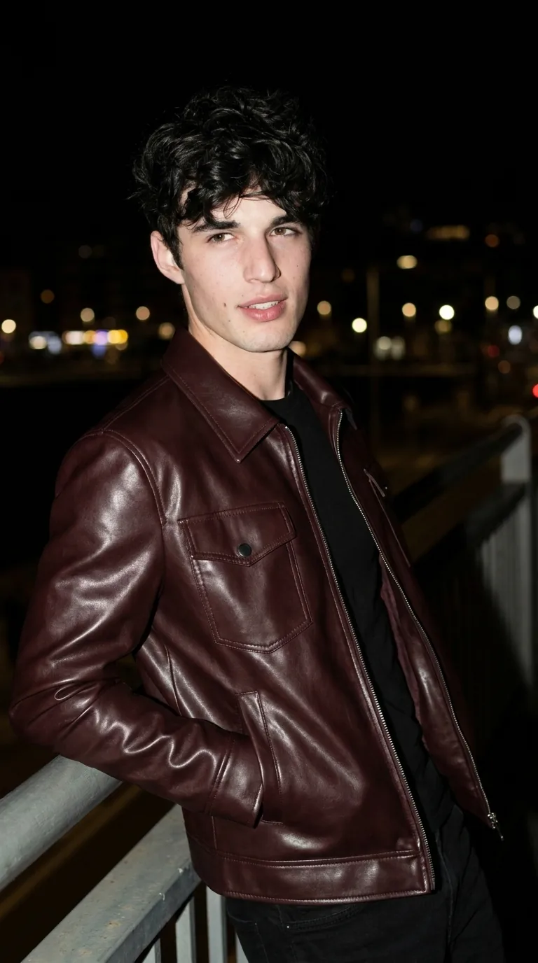 Man wearing Buneri burgundy leather jacket