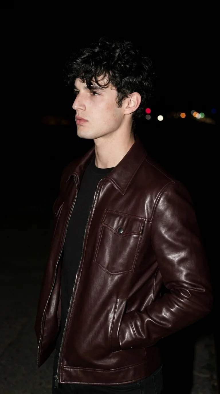Man wearing Buneri burgundy leather jacket