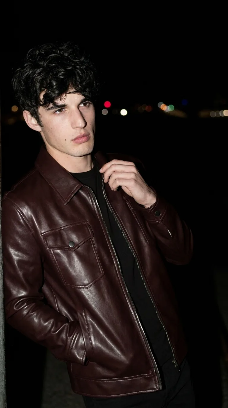 Man wearing Buneri burgundy leather jacket