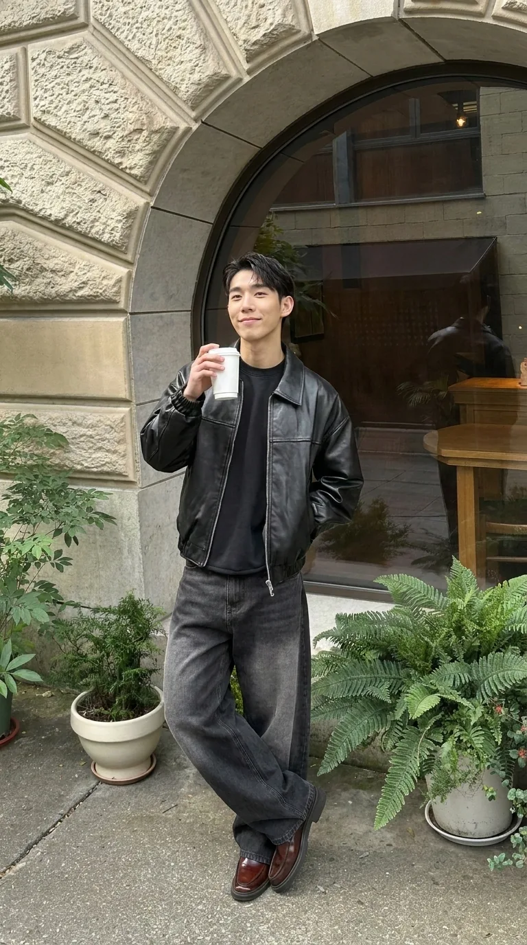 Man wearing Buneri grey leather jacket