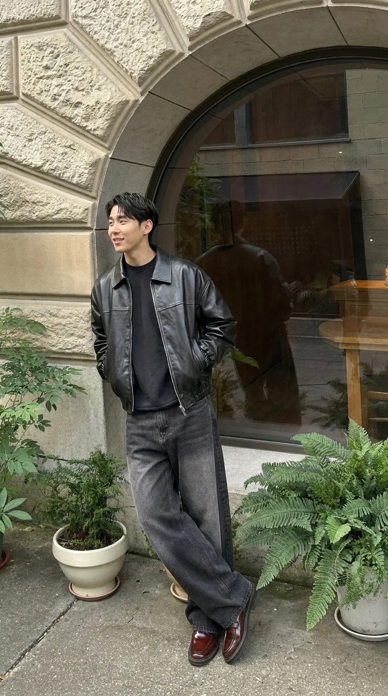 Man wearing Buneri grey leather jacket