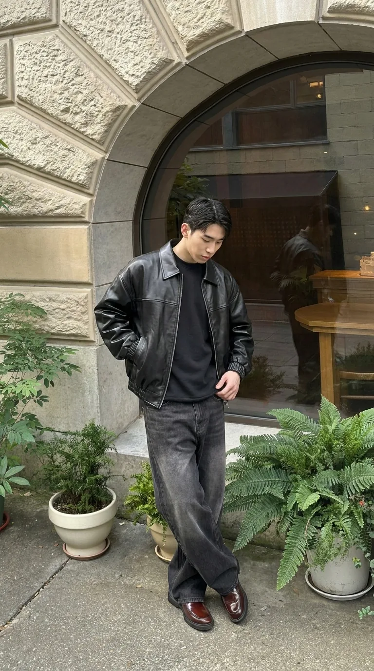Man wearing Buneri grey leather jacket