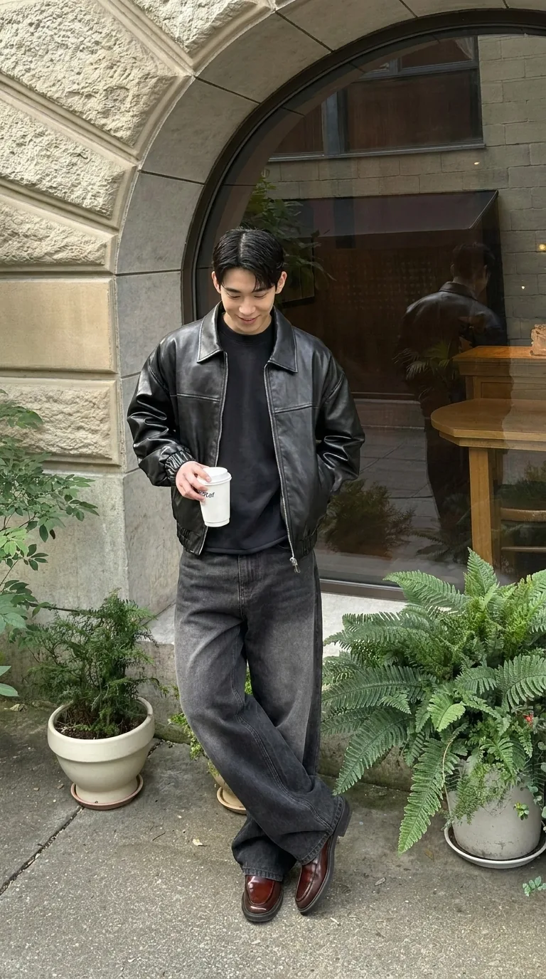 Man wearing Buneri grey leather jacket