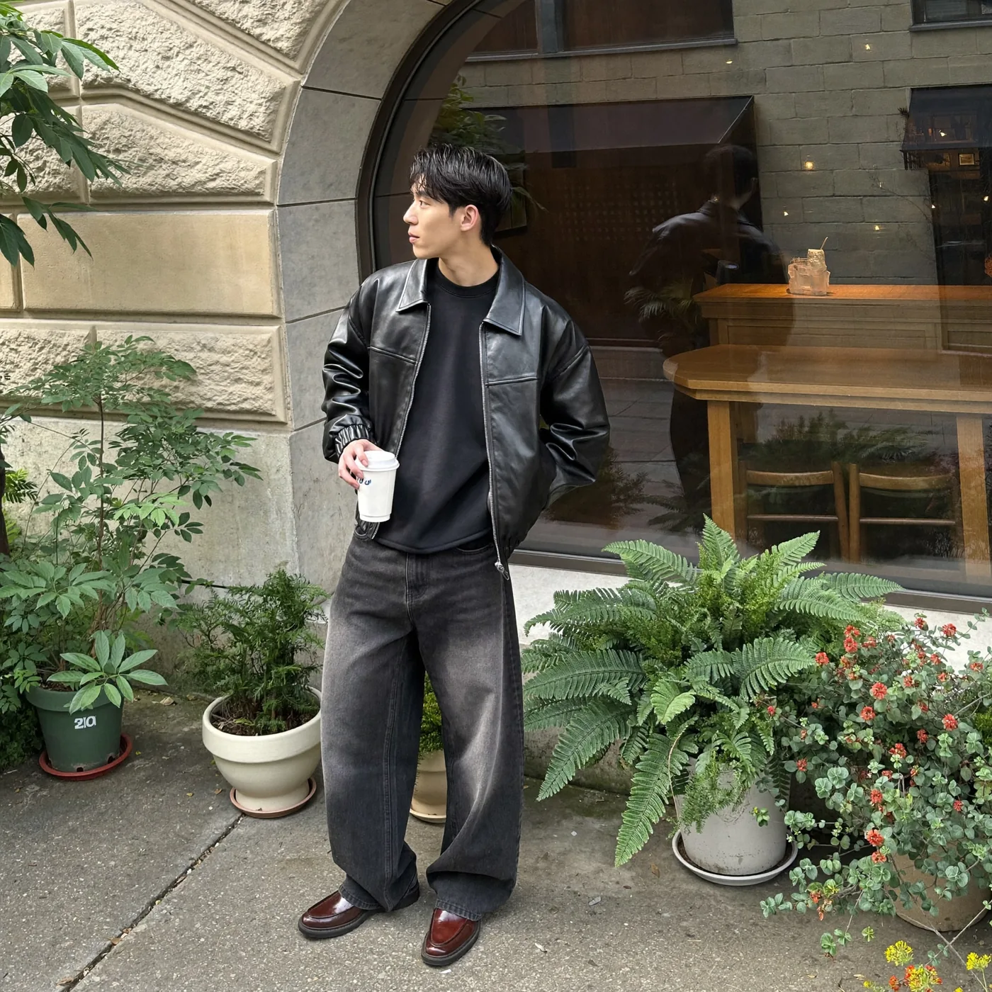 Man wearing Buneri grey leather jacket