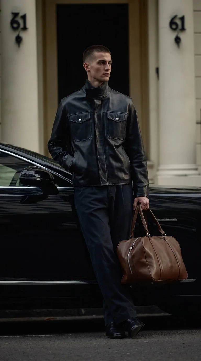 Man wearing Buneri grey leather jacket
