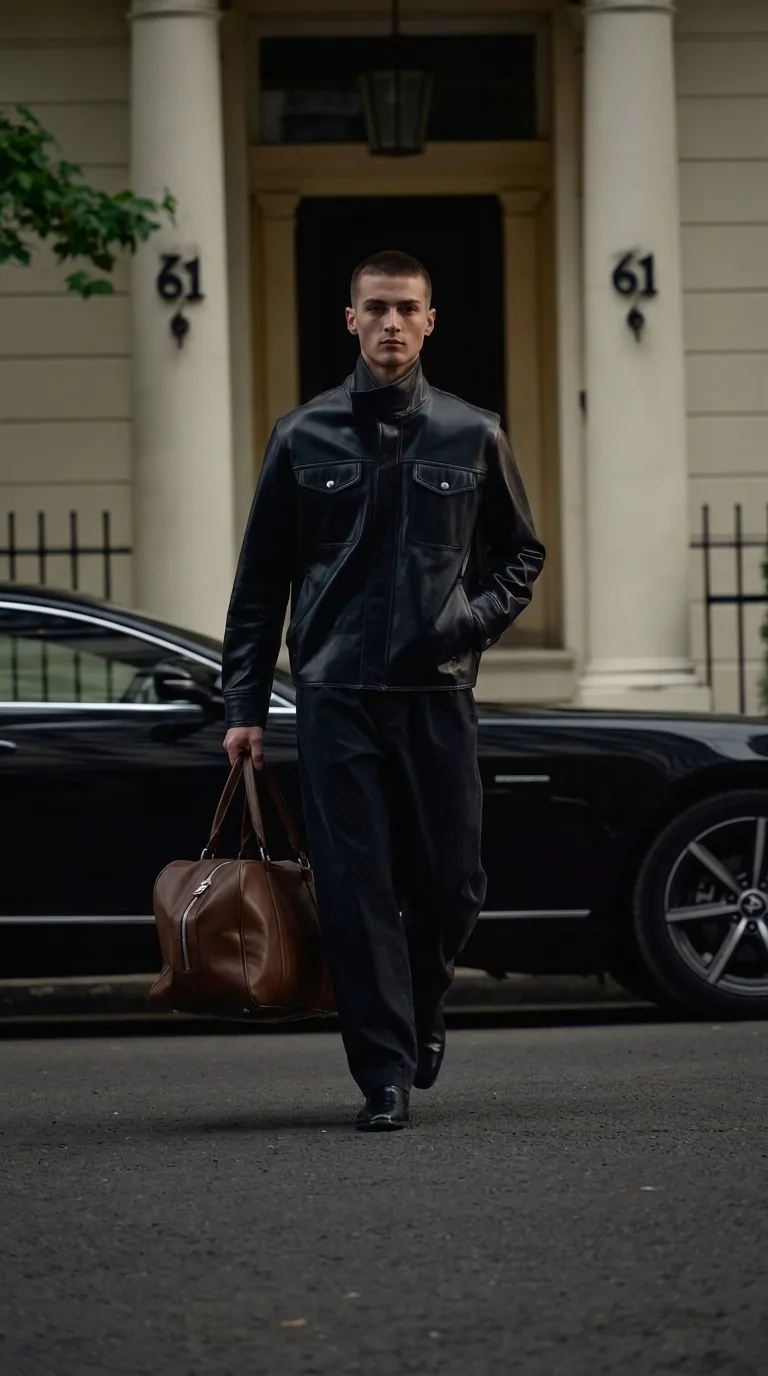 Man wearing Buneri grey leather jacket