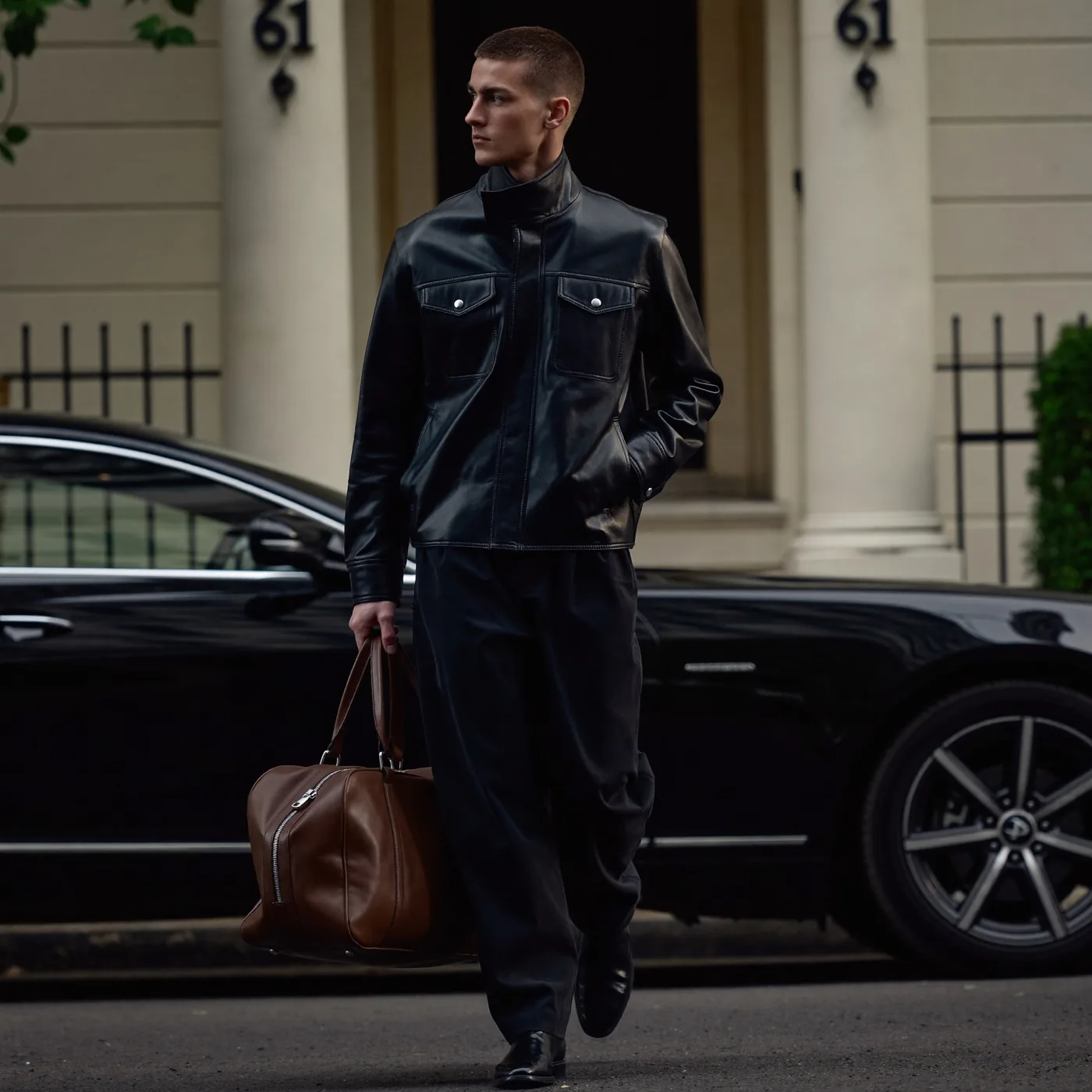 Man wearing Buneri grey leather jacket