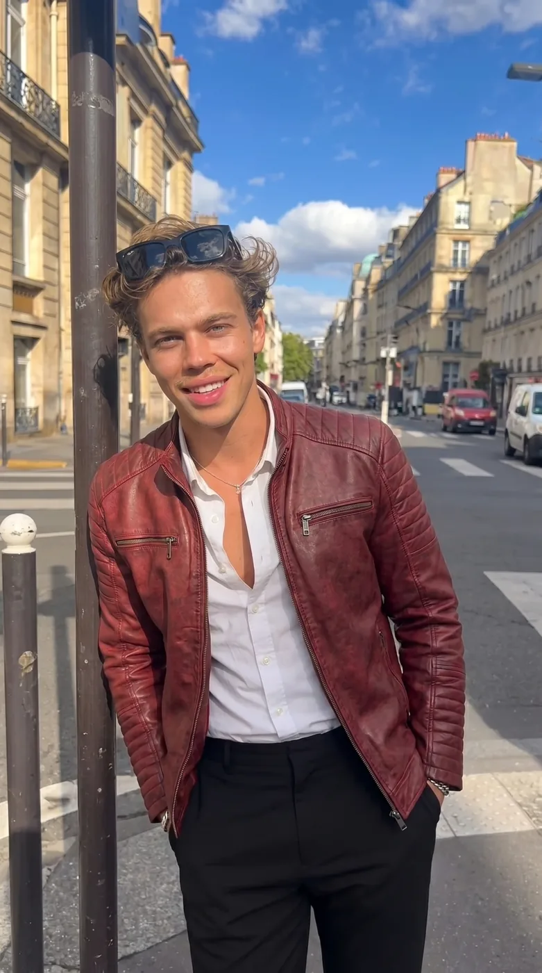Man wearing Buneri red leather jacket