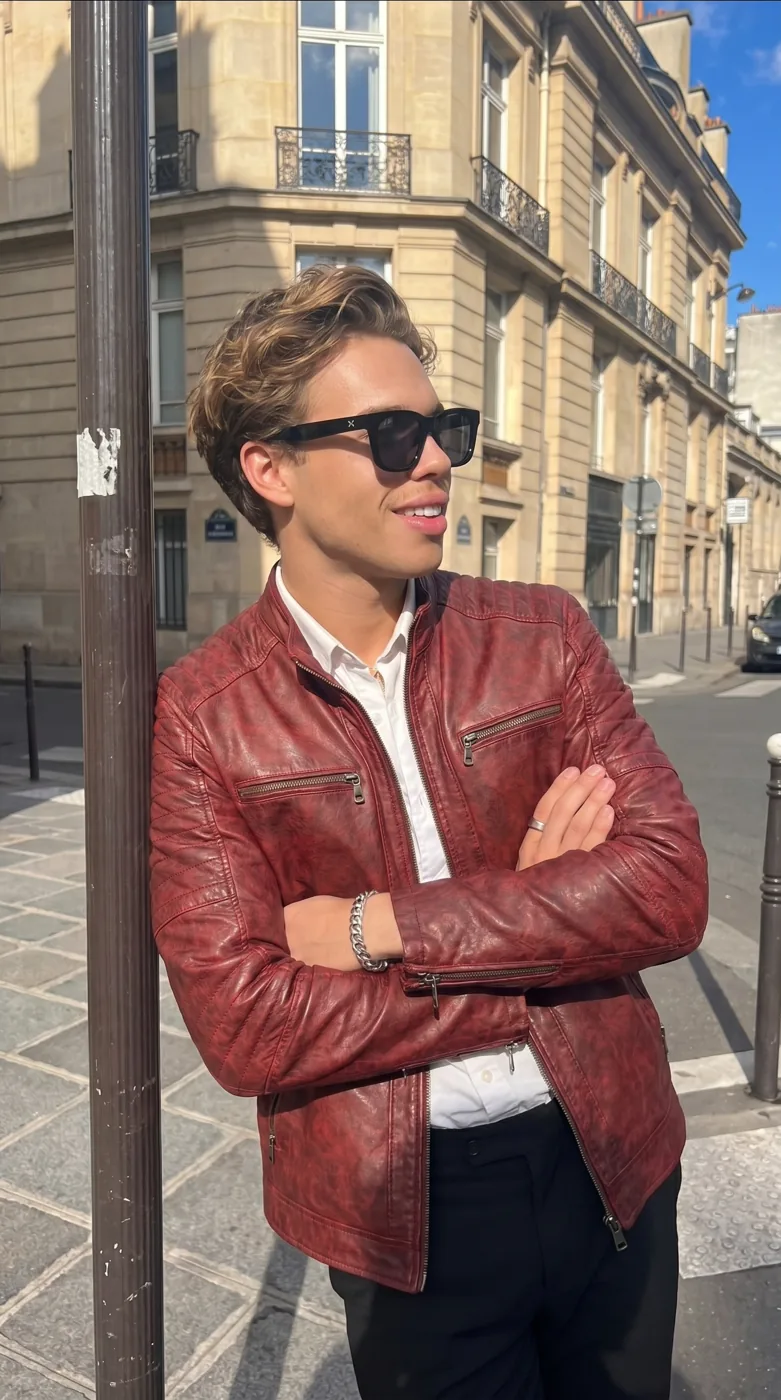 Man wearing Buneri red leather jacket