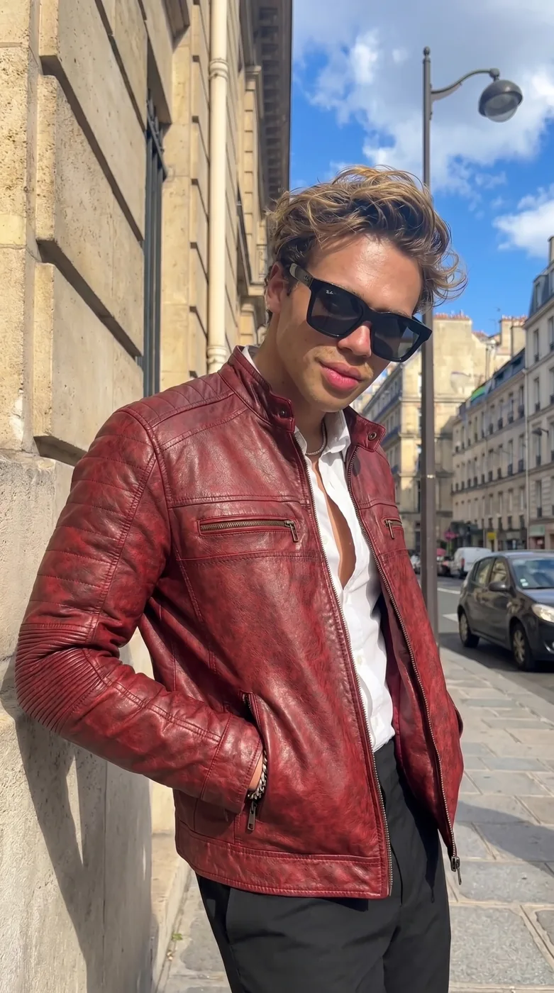 Man wearing Buneri red leather jacket