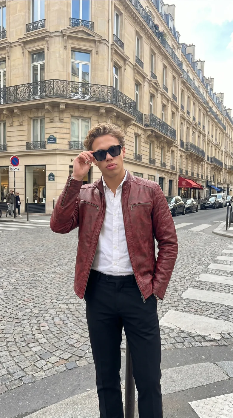 Man wearing Buneri red leather jacket