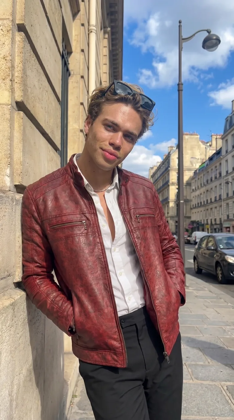 Man wearing Buneri red leather jacket