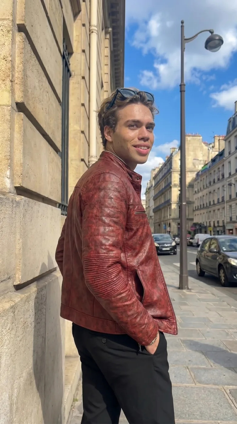 Man wearing Buneri red leather jacket