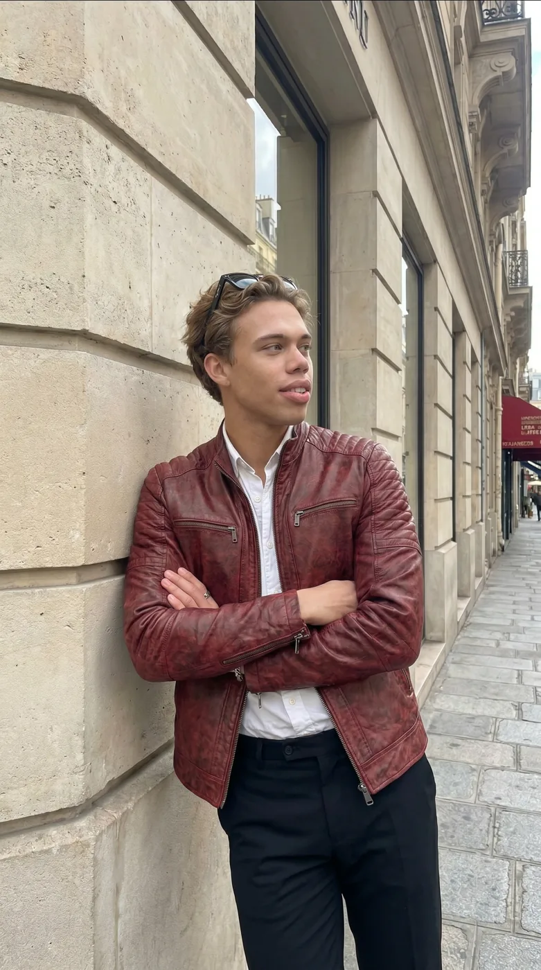 Man wearing Buneri red leather jacket