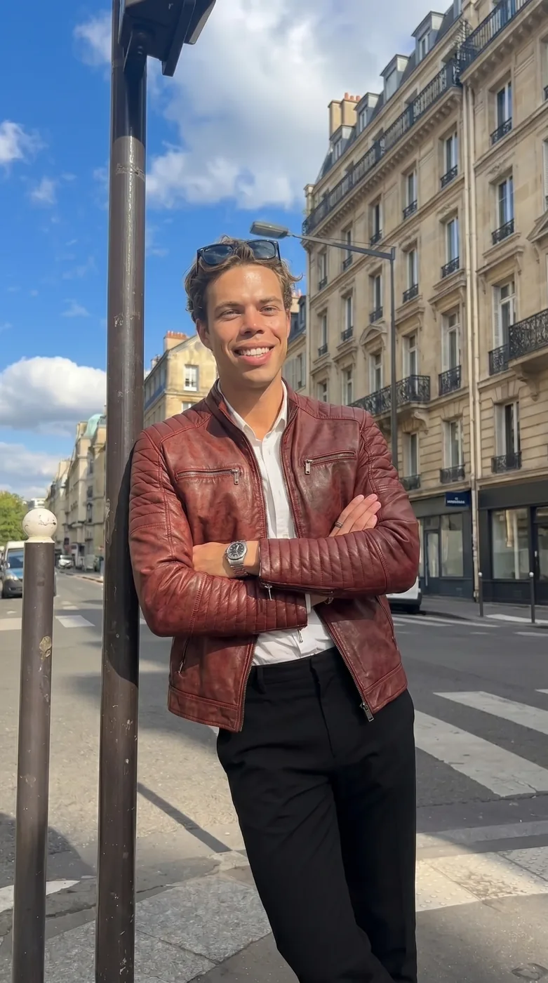 Man wearing Buneri red leather jacket