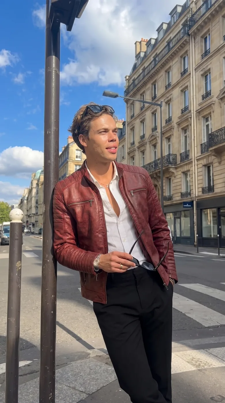 Man wearing Buneri red leather jacket
