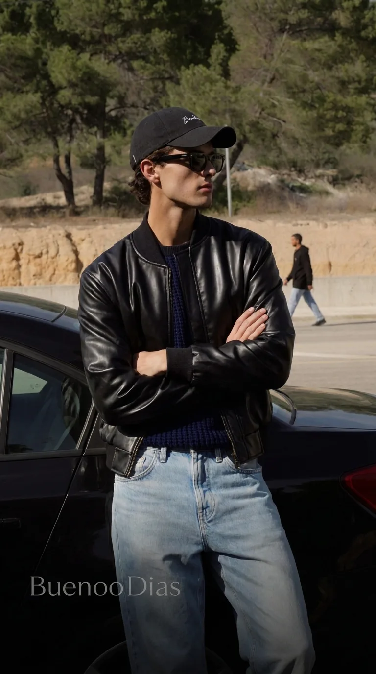 Man wearing Buneri black leather bomber jacket