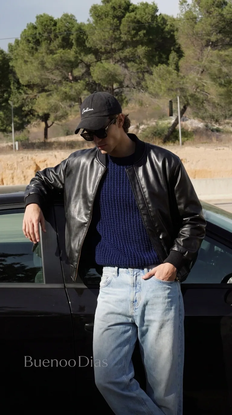 Man wearing Buneri black leather bomber jacket