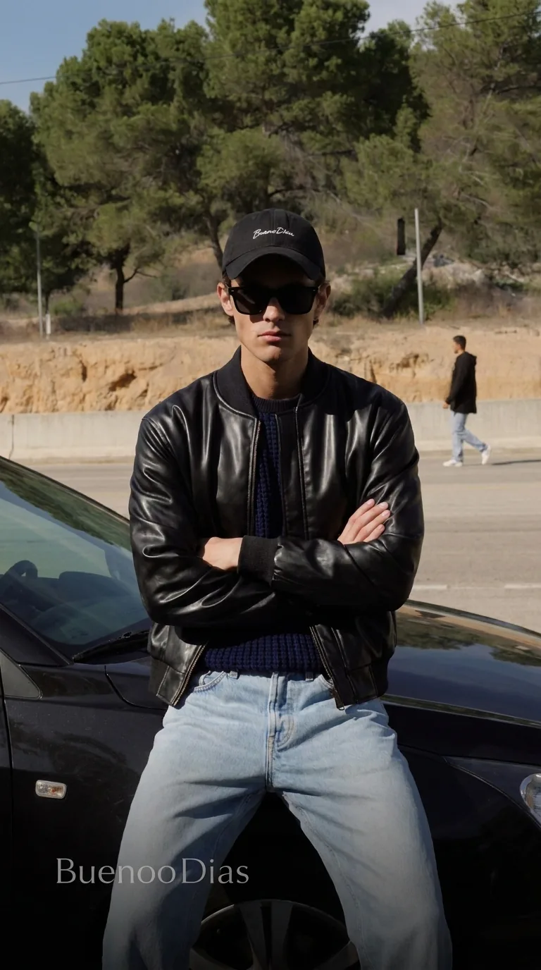 Man wearing Buneri black leather bomber jacket