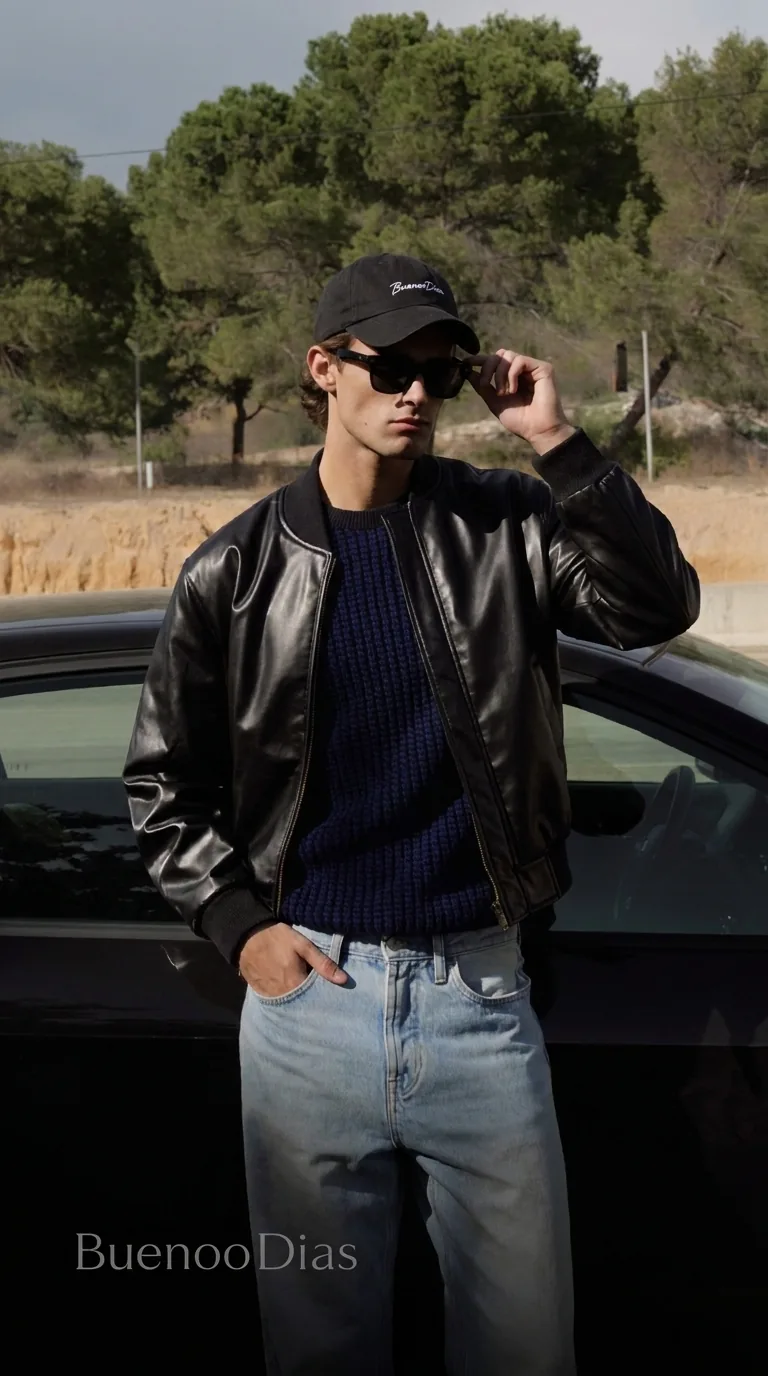 Man wearing Buneri black leather bomber jacket