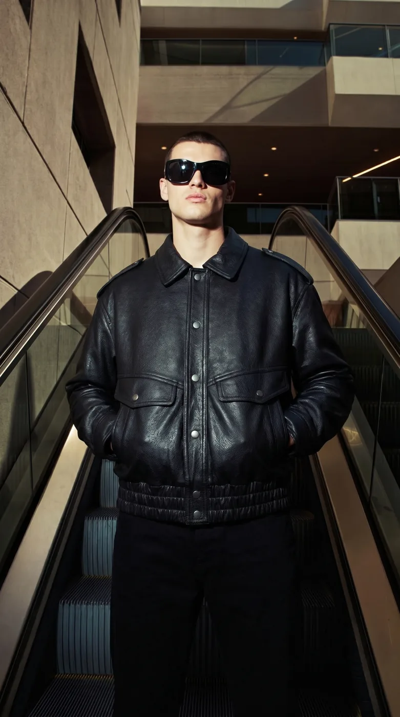 Man wearing Buneri black leather bomber jacket