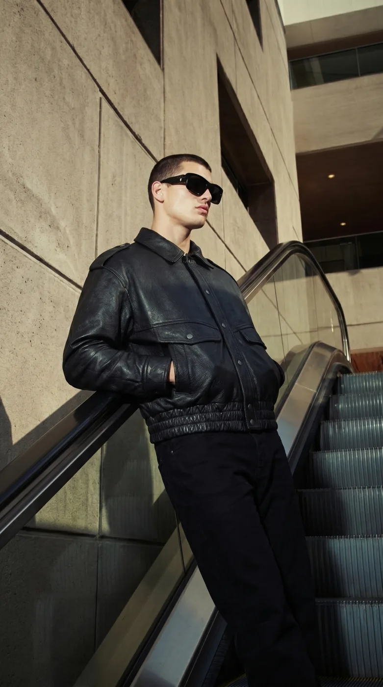 Man wearing Buneri black leather bomber jacket