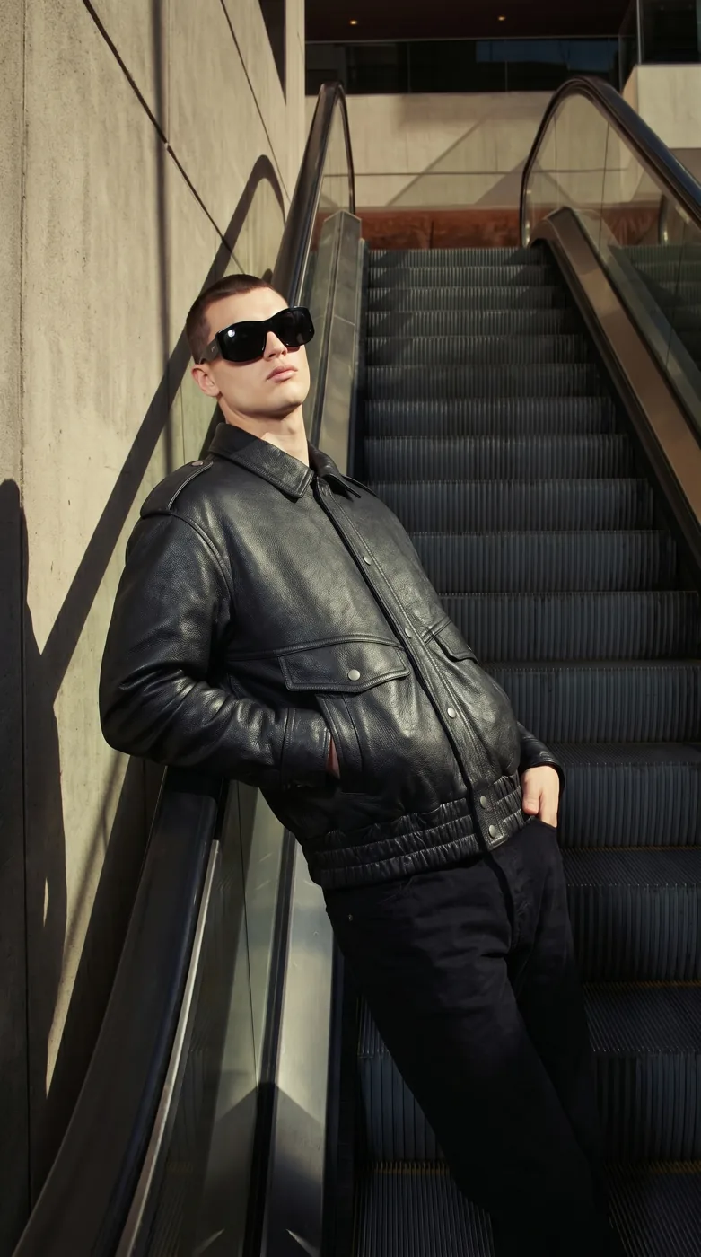 Man wearing Buneri black leather bomber jacket