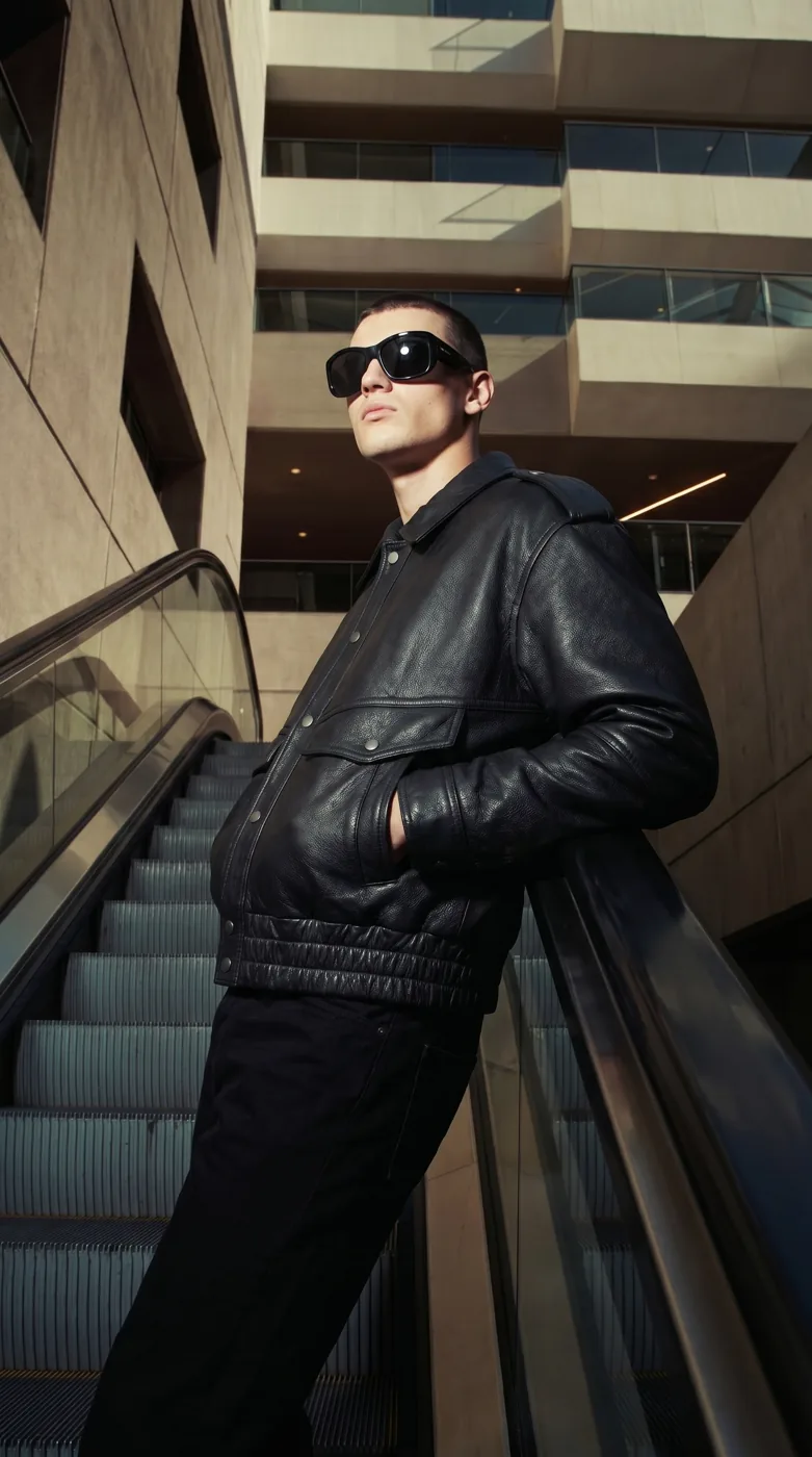 Man wearing Buneri black leather bomber jacket
