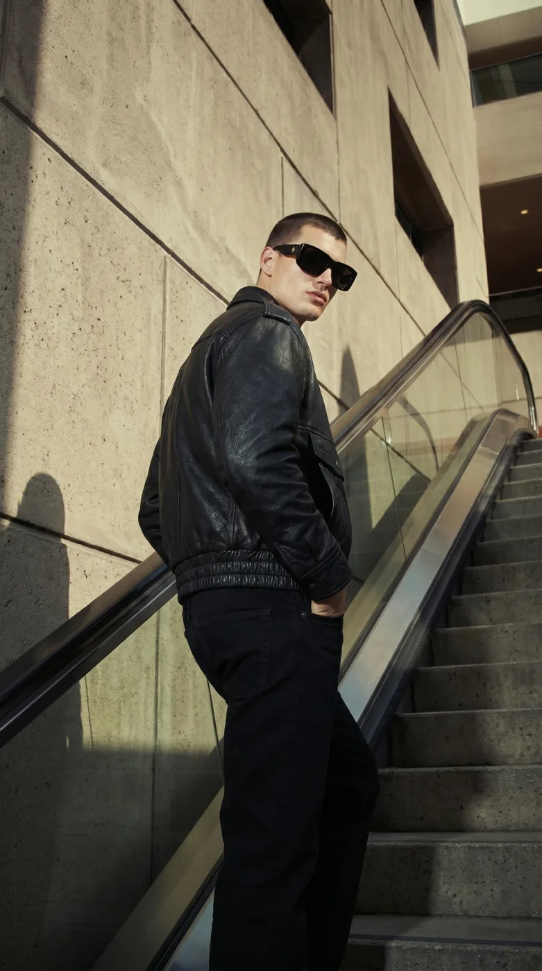 Man wearing Buneri black leather bomber jacket