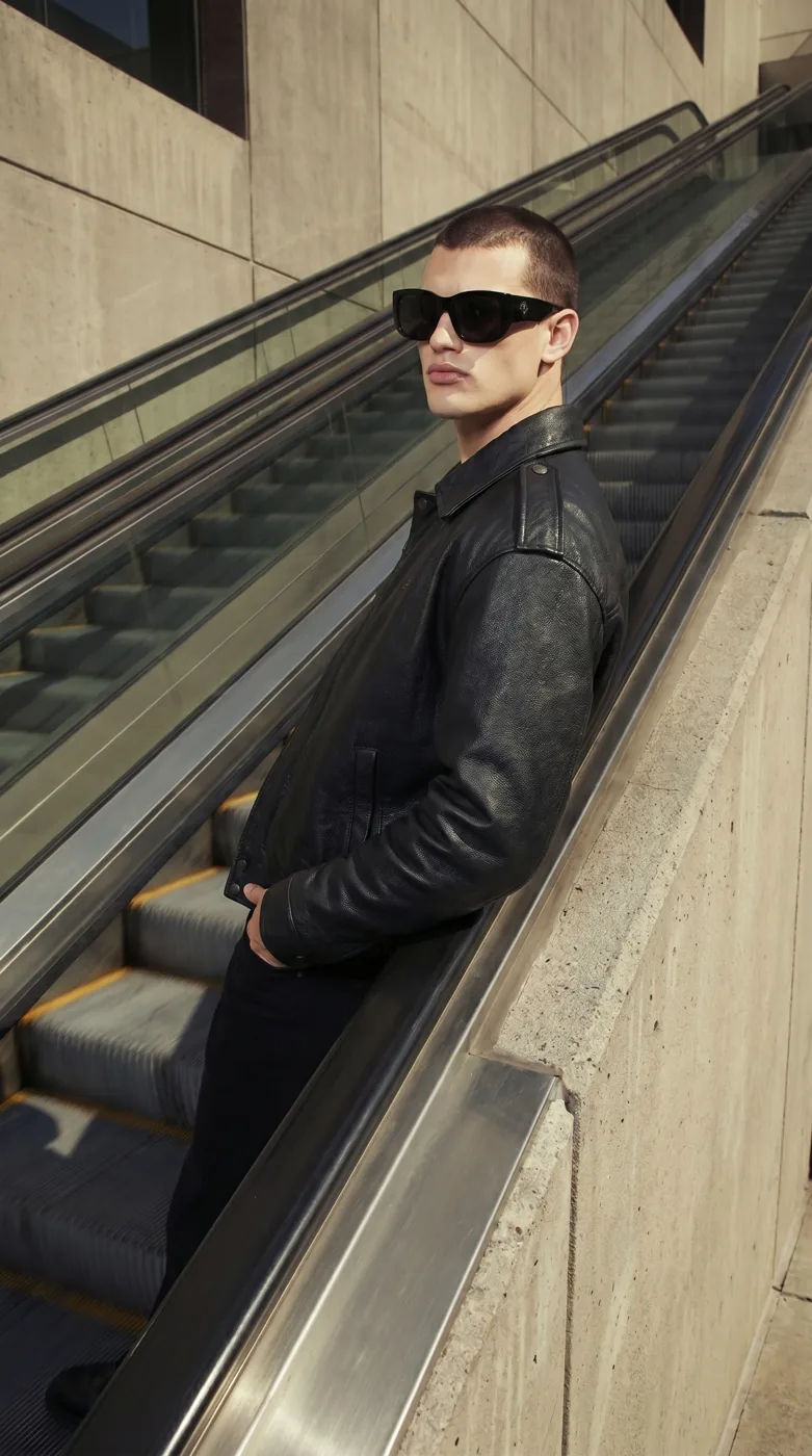 Man wearing Buneri black leather bomber jacket