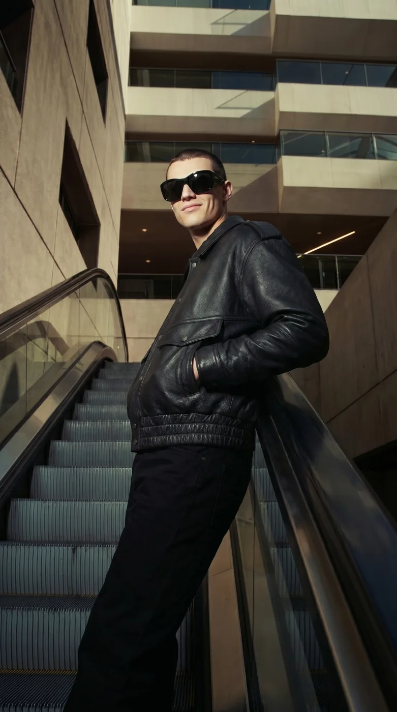 Man wearing Buneri black leather bomber jacket