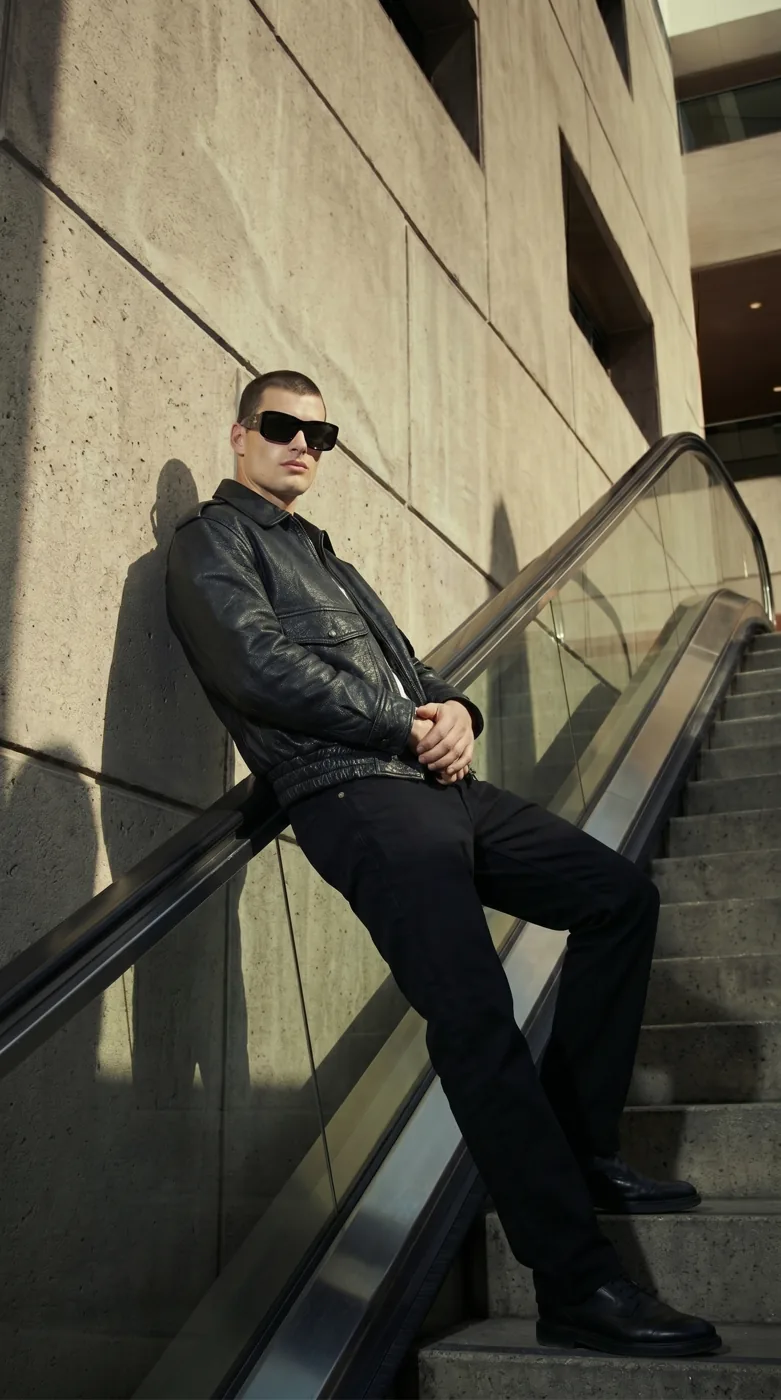 Man wearing Buneri black leather bomber jacket