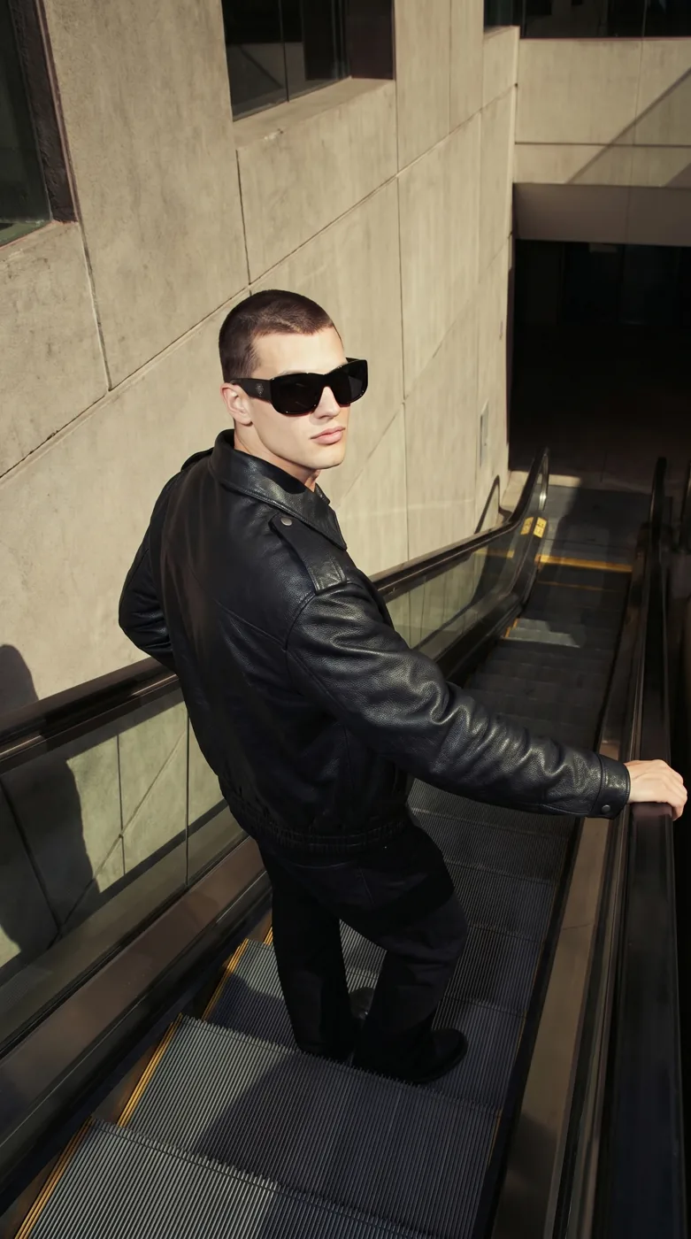 Man wearing Buneri black leather bomber jacket