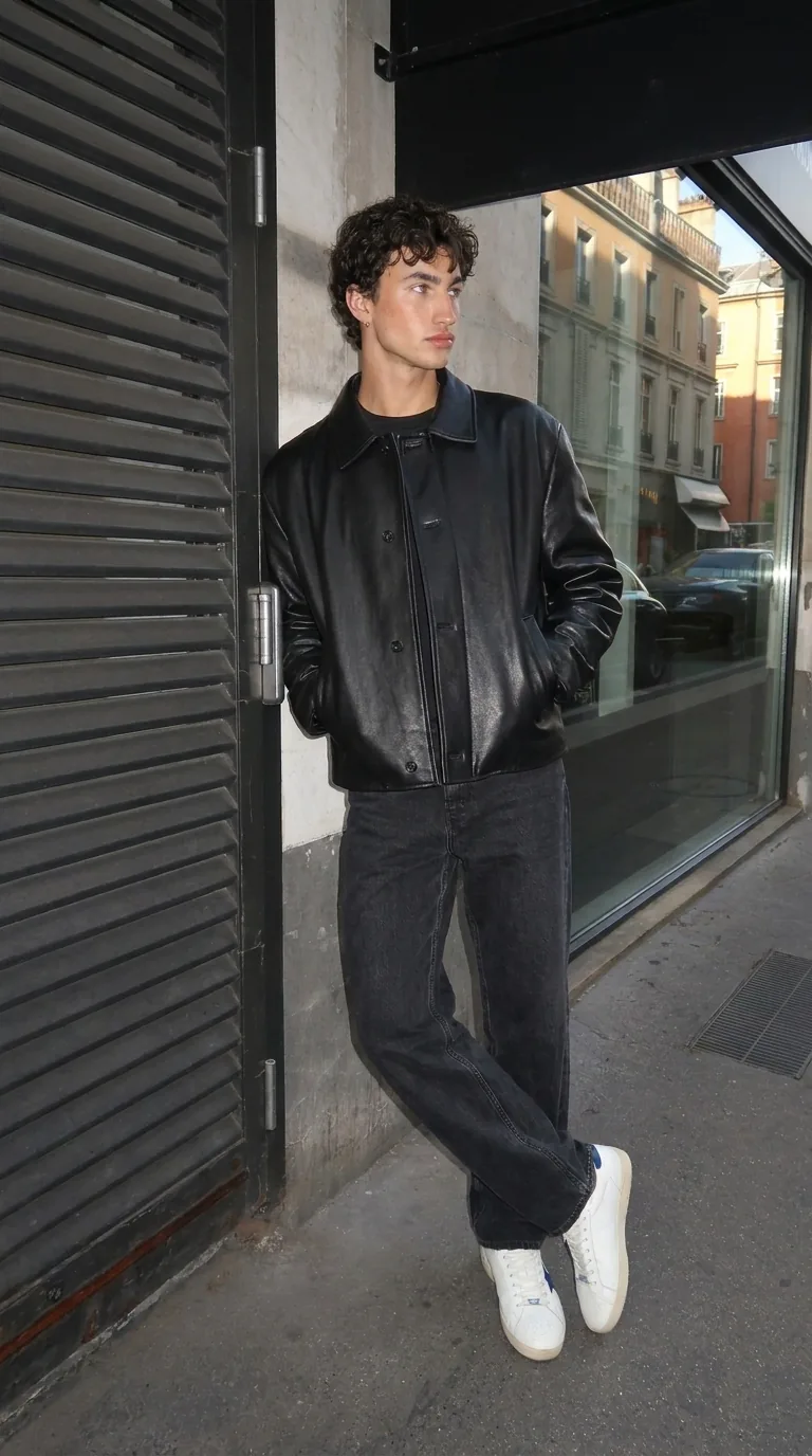 Man wearing Buneri black leather bomber jacket