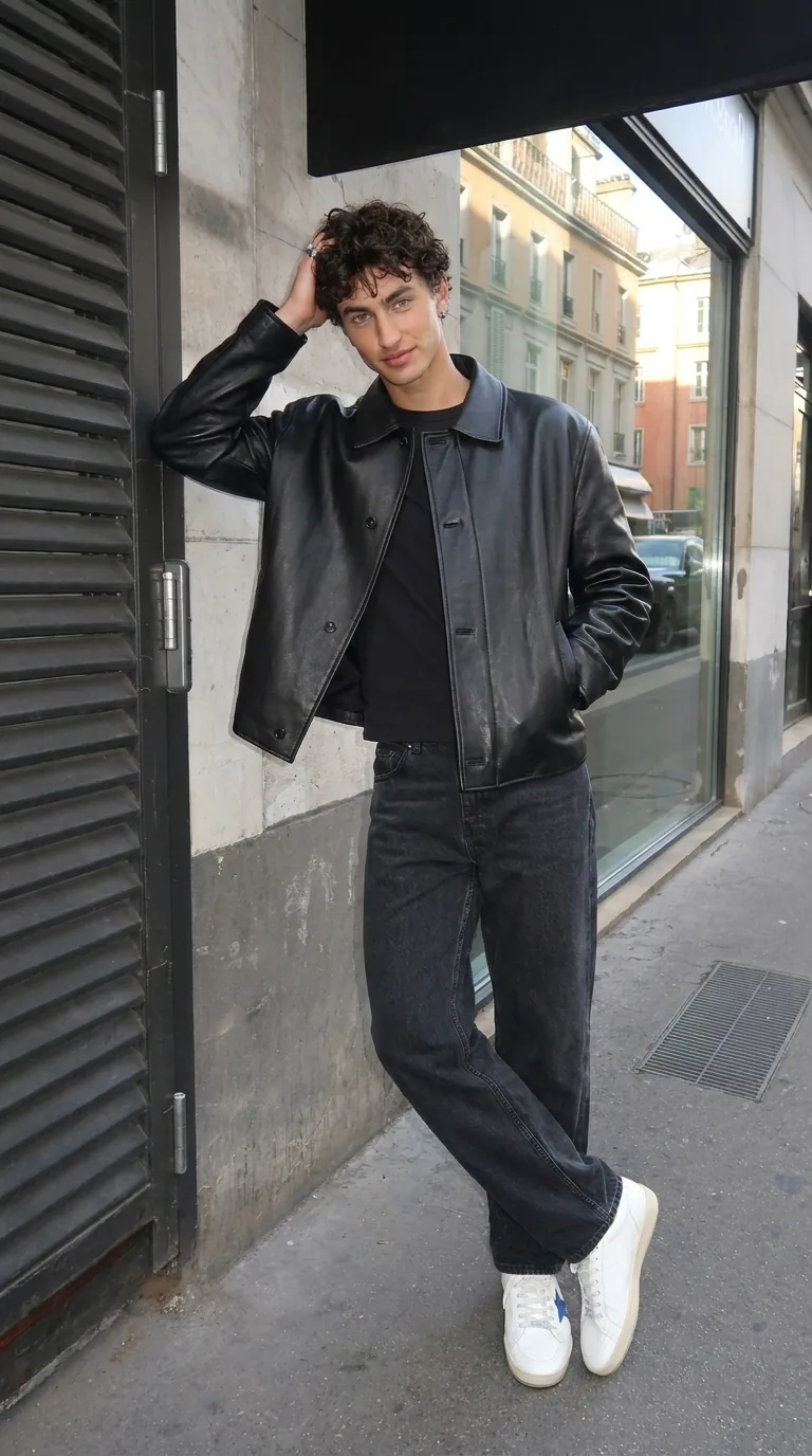 Man wearing Buneri black leather bomber jacket