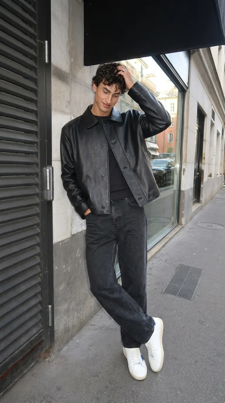 Man wearing Buneri black leather bomber jacket