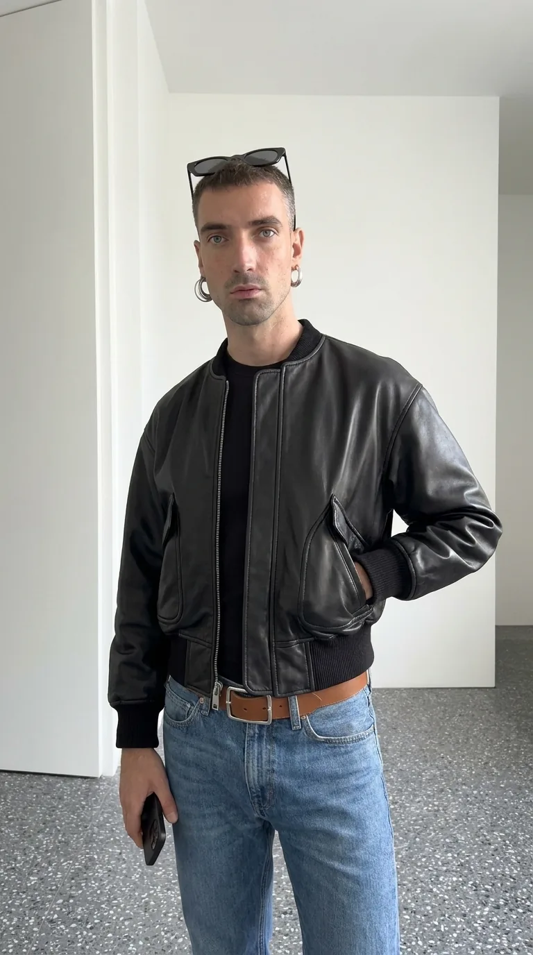 Man wearing Buneri black leather bomber jacket