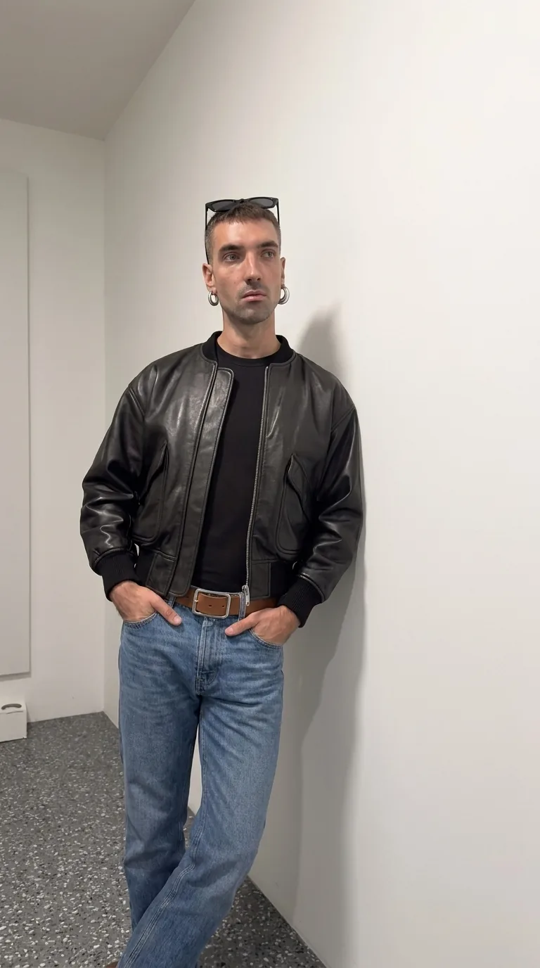 Man wearing Buneri black leather bomber jacket