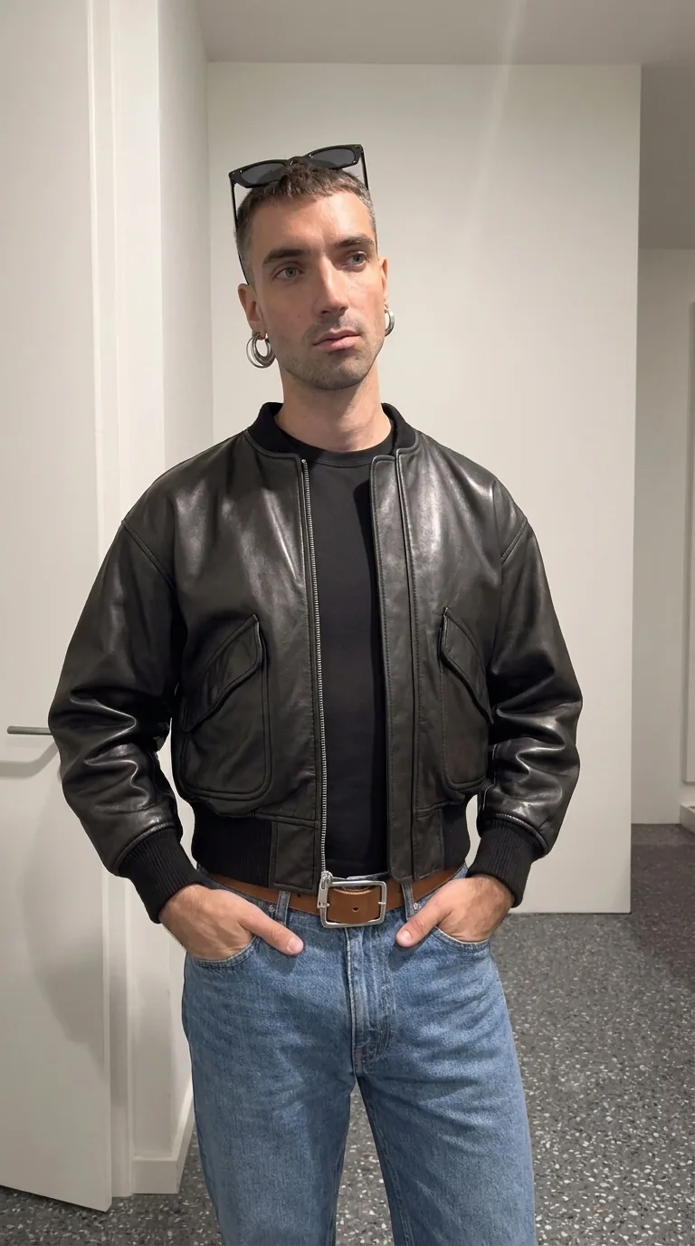Man wearing Buneri black leather bomber jacket