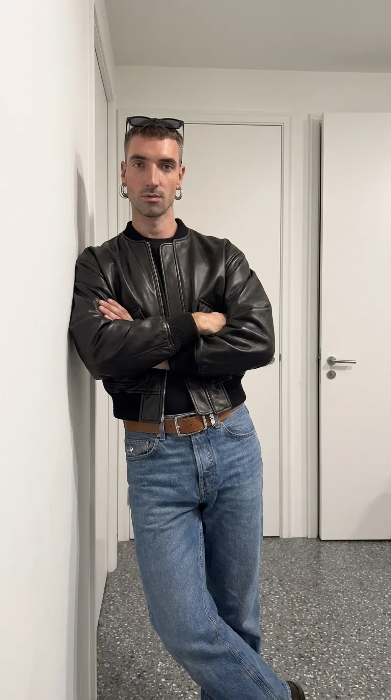 Man wearing Buneri black leather bomber jacket