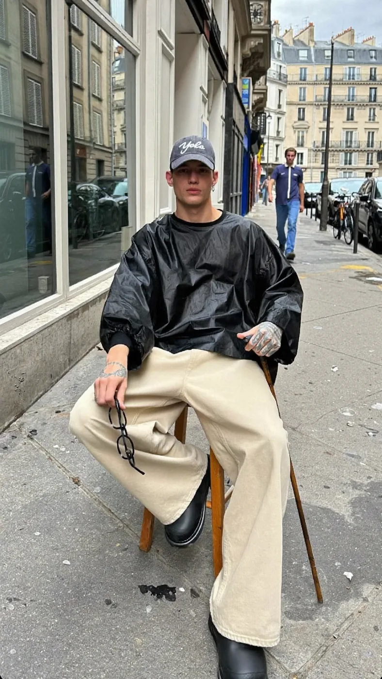 Man wearing Buneri black leather bomber jacket