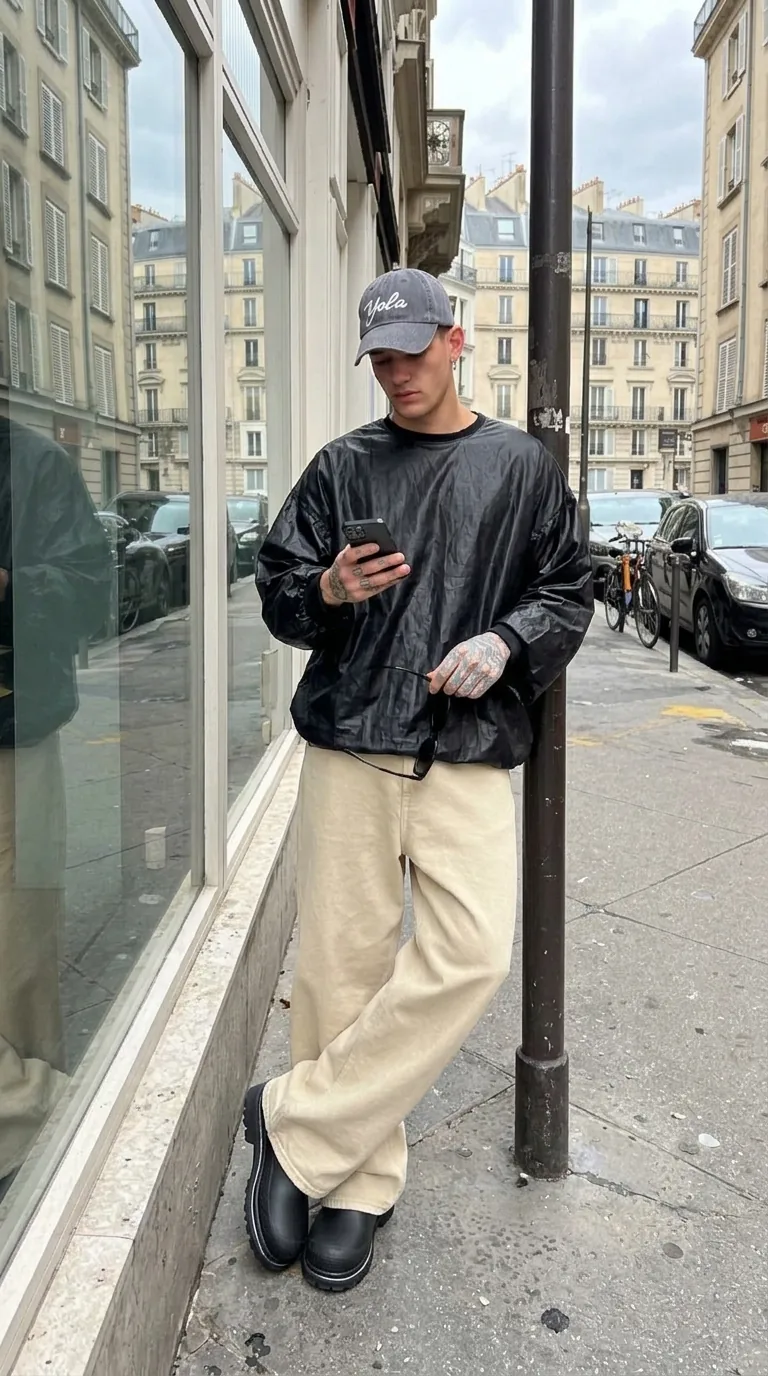Man wearing Buneri black leather bomber jacket
